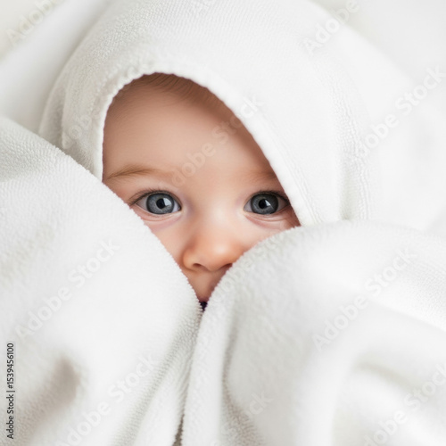 Cute baby peeking from white blanket adorable infant with blue eyes newborn baby photography close up shot