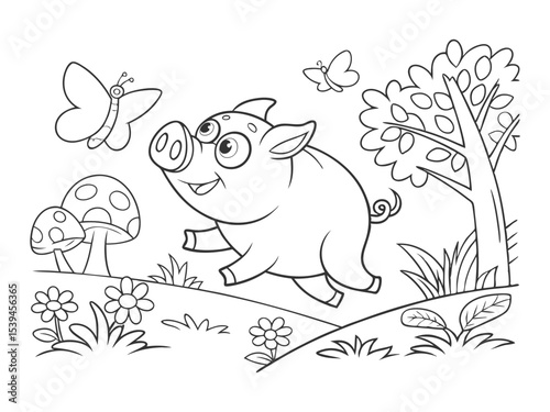 Funny pig with flying butterflies for your coloring book. 