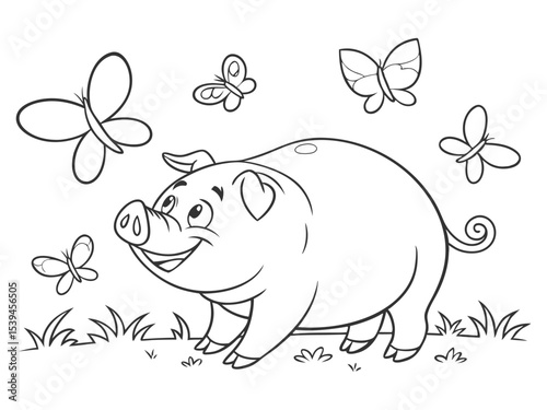 Funny pig with flying butterflies for your coloring book. 