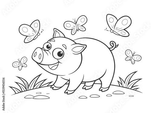 Funny pig with flying butterflies for your coloring book. 