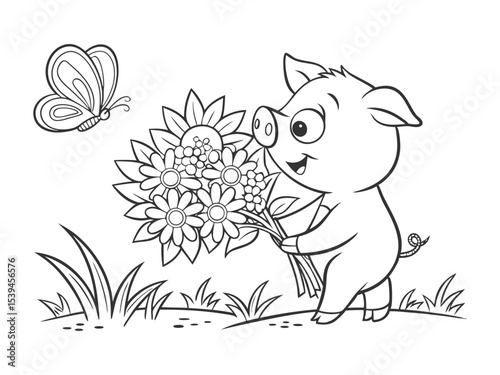 Funny pig with flying butterflies for your coloring book. 