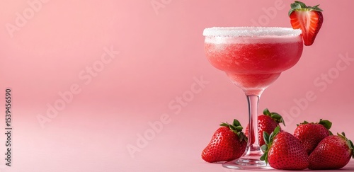 Pink strawberry margarita cocktail with fresh strawberries