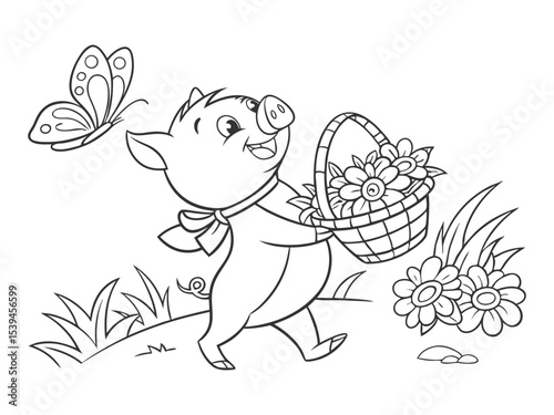 Funny pig with flying butterflies for your coloring book. 