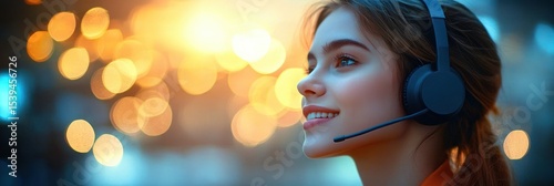 Young woman wearing a headset smiling and looking ahead with warm bokeh lights in the background suggesting a positive and focused mood