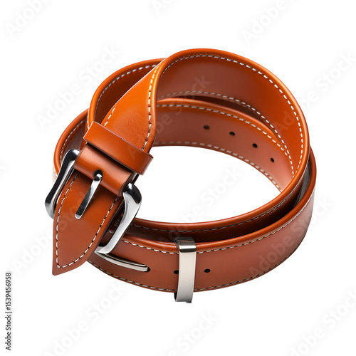 Classic brown leather belt with metal buckle isolated on transparent background