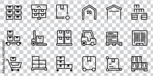 Logistics and Warehouse Line Icons: Shipping, Inventory, Forklift, and Package Vector Symbols