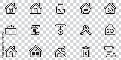 Real Estate and Home Service Line Icons: House, Plumbing, Repair, and Property Vector Symbols
