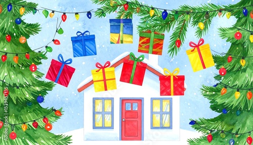 Festive Gifts with Winter House Scene.