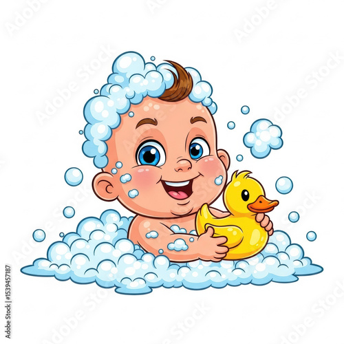 Cartoon baby taking bath with rubber ducky illustration for kids and baby products design vector art