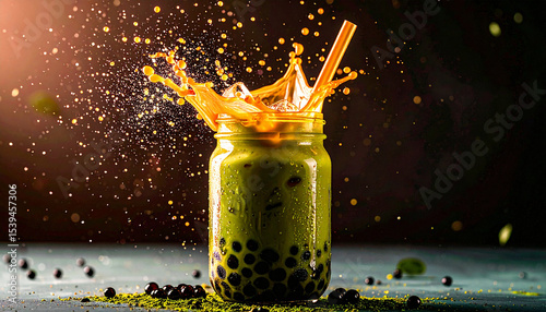 Matcha Bubble Tea Jar . Drinks concept. Generated Image