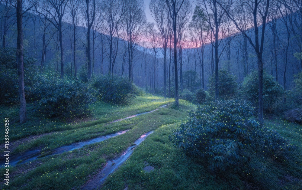 Fototapeta premium Misty forest pathway at dawn