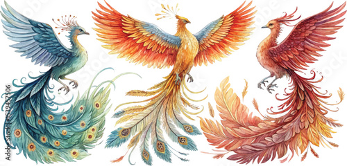Three Watercolor Phoenix Birds