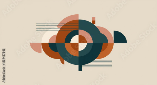 Dynamic and Layered Composition: An abstract geometric art print in the style of mid-century Scandinavian design.
