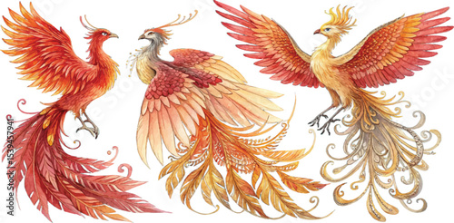 Three Watercolor Phoenix Birds