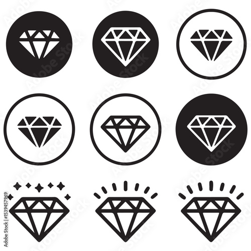 Diamond icon set. Different shapes of diamond cuts. Dimond icon set in flat style. Abstract black diamond collection icons. Gemstone icon set. Diamonds logo design. Vector illustration. EPS 10