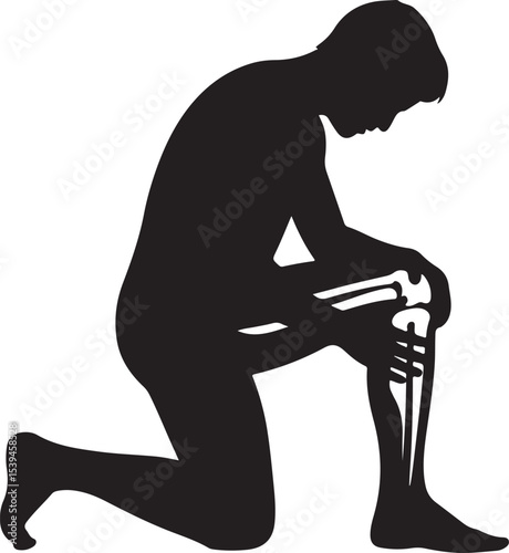 Silhouette of Man Kneeling Holding Knee in Painful Pose on Plain Surface