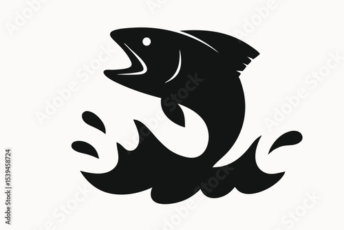 Leaping Fish Silhouette Aquatic Animal Icon,  Water Splash Design