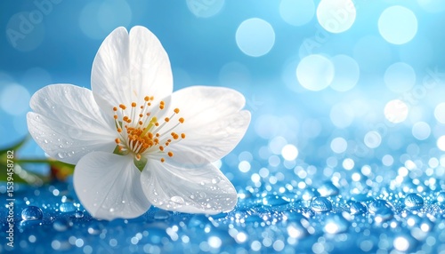 White flower with dew drops, and blue bokeh.
