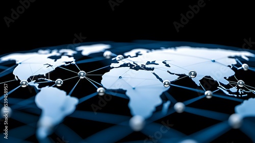 A stylized world map is shown, with metallic spheres and glowing lines connecting them, representing a global network.
