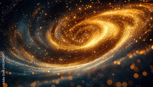 Swirling golden glitter particles forming a luminous spiral galaxy-like shape against a dark background, creating a magical and celestial atmosphere