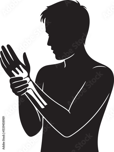Silhouette of Man Holding Wrist in Painful Pose on Plain Surface Vector