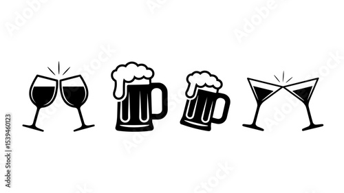 Simple Black And White Toasting Wine Glasses, Beer Mugs, And Cocktails Vector Silhouette On White Background.