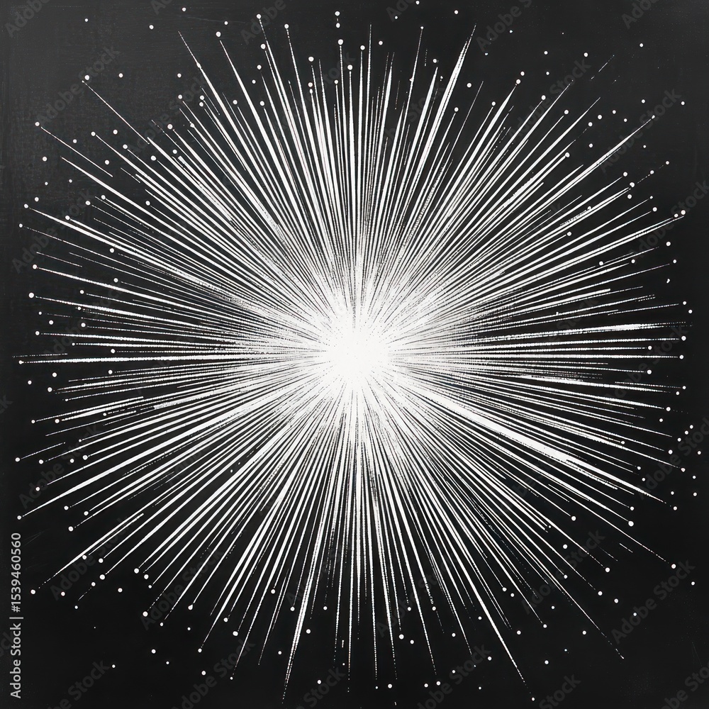 Obraz premium Bright white starburst radiating light beams and dots against a dark background, evoking energy and cosmic explosion