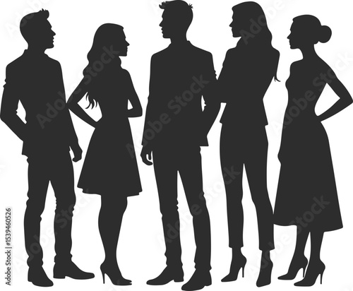 Silhouettes of Stylish Men and Women Standing in Conversation Pose