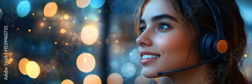 Close-up of a young woman with headset smiling and looking ahead against a background of colorful blurred lights