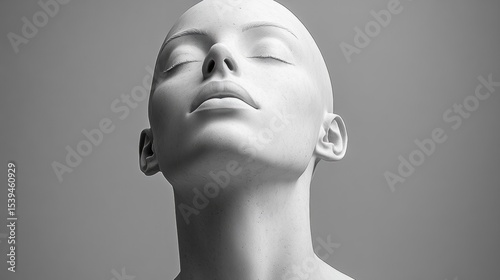 Close-up of a serene bald person with closed eyes tilting head back in peaceful expression against neutral background