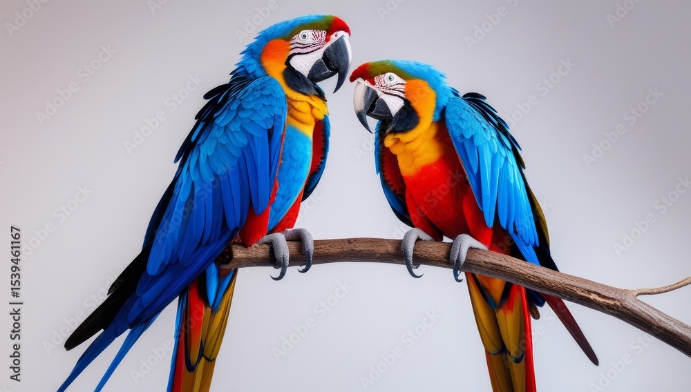 Fototapeta premium Two vibrant Macaws perched together showcasing their brilliant plumage in detail