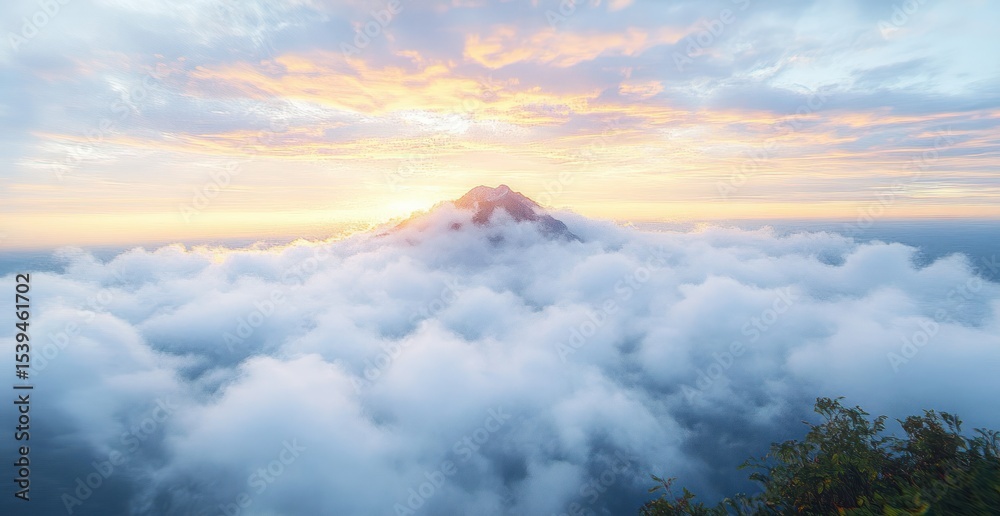 Fototapeta premium Mountaintop rising above thick clouds at sunrise with colorful sky and foliage in foreground