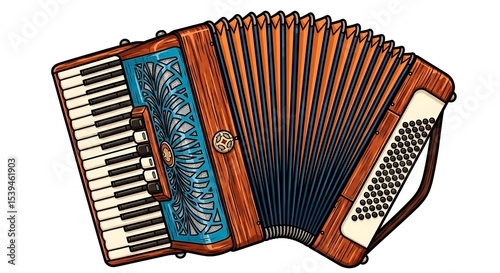 Illustration of an accordion with keys on one side, button on the other side, and bellows between the two sections.