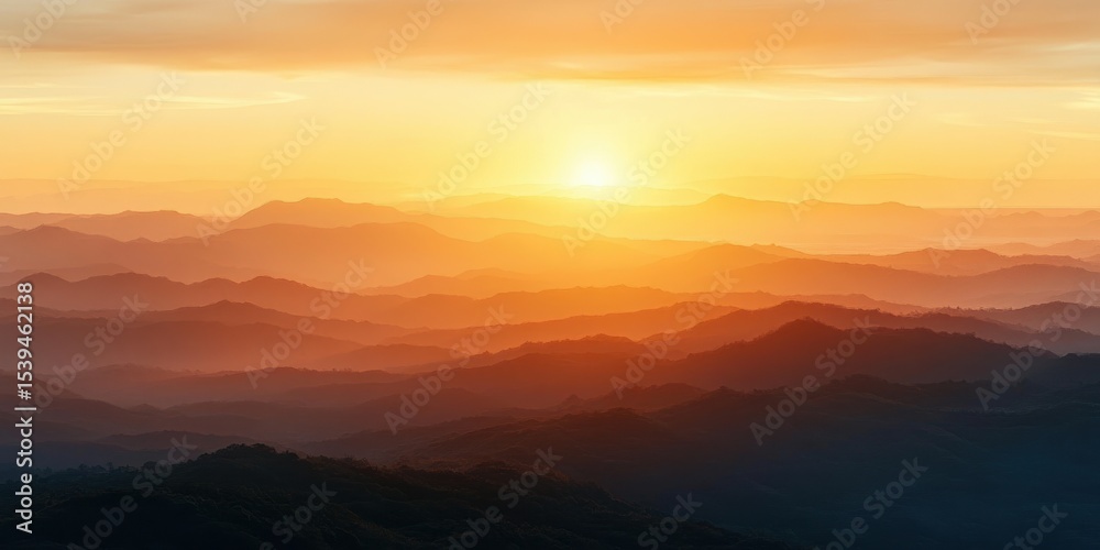 Fototapeta premium Scenic view of layered mountain ranges bathed in warm golden light of sunrise with soft mist and vibrant orange sky