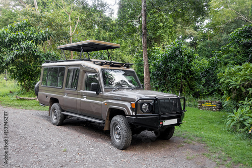 Large 4x4 Safari vehicle in Arusha National Park in Tanzania. Africa