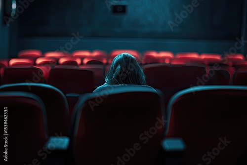 A lone figure sits in a mostly empty movie theater, bathed in moody blue and red lighting. The image evokes feelings of solitude and contemplation