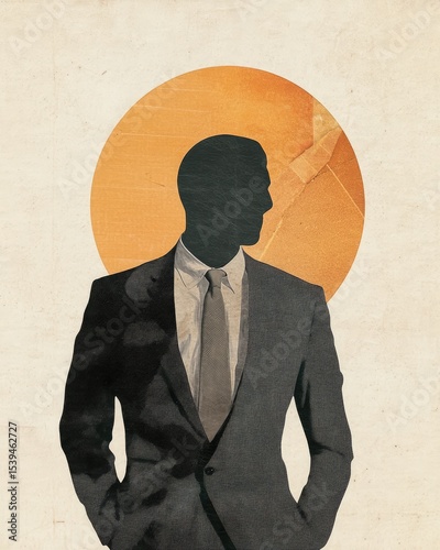 Silhouette of a man in a suit, viewed from behind, set against a large, warm-toned circle