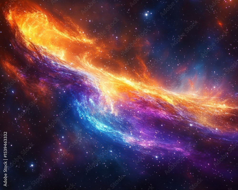 Obraz premium Vivid cosmic scene with bright swirling orange, blue, and purple nebula gases and scattered stars in deep space evoking wonder and vastness