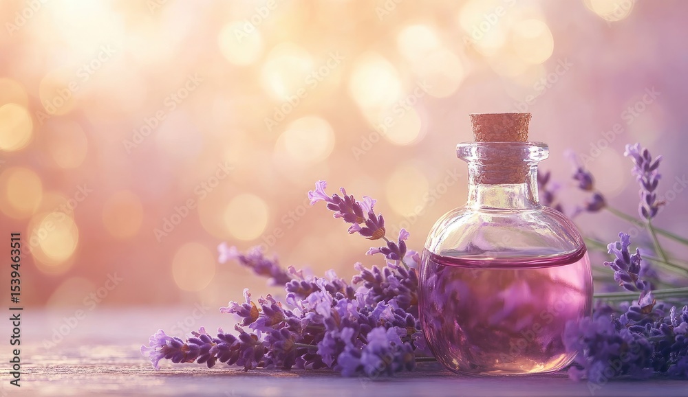 Lavender essential oil bottle, soft light, floral Lavender essential oil bottle, soft light, floral