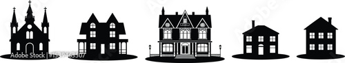  Assorted Architectural Silhouettes of Houses and Buildings, Representing Diverse Styles for Real Estate and Urban Designs