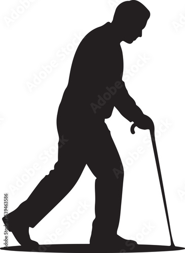 Silhouette of an Elderly Man Walking with a Cane for Support and Mobility