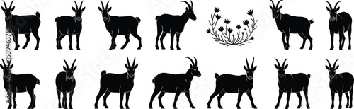  Elegant Mountain Goat and Chamois Silhouettes with Horns, Ideal for Wildlife, Nature, and Outdoor Designs