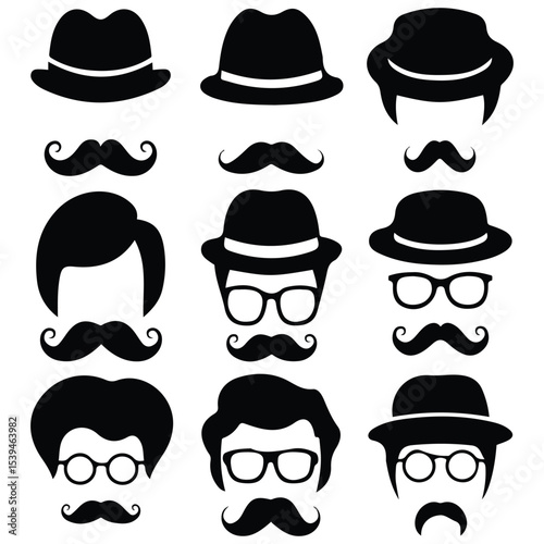 mustache and glasses with hat icon set isolated vector illustration