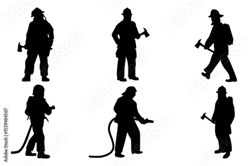 Set of firefighter with equipment silhouette
