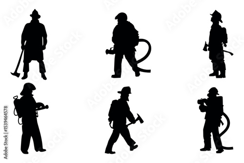 Set of firefighter with equipment silhouette