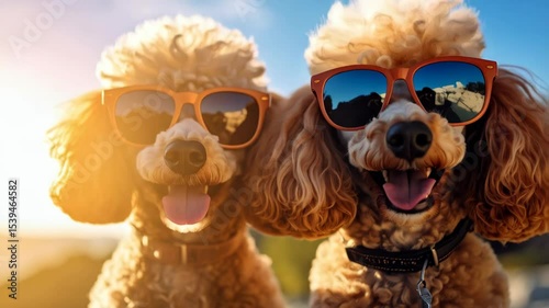 Two fun-loving standard poodles wearing orange sunglasses, tongues out, enjoying sunshine reflecting mountain scenery, outdoor leisure