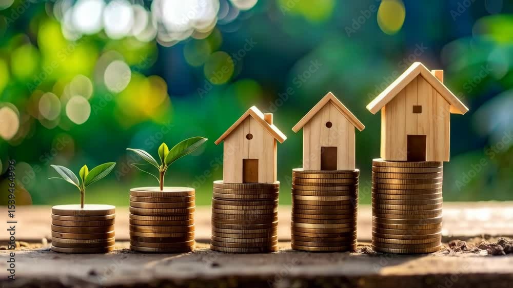 Stacks of coins supporting small toy wooden houses and green sprouts, symbolizing investment growth and financial progress