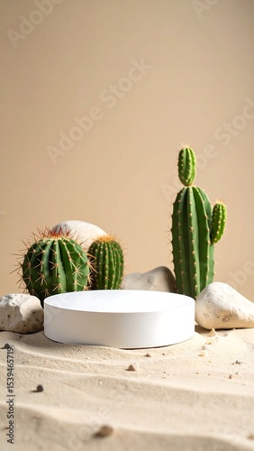 White podium with cacti, sand, and desert.
