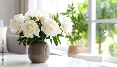 White peonies in vase with bright room.