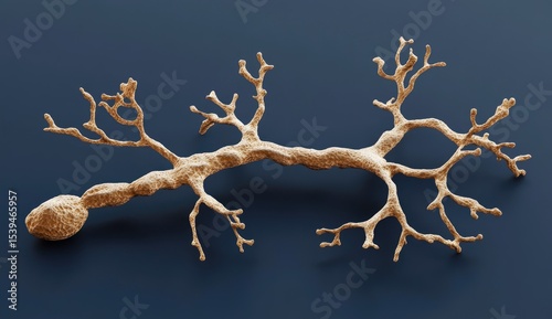 Detailed close-up of a light beige, branching structure resembling a fungal or cellular network,  on a dark-blue background